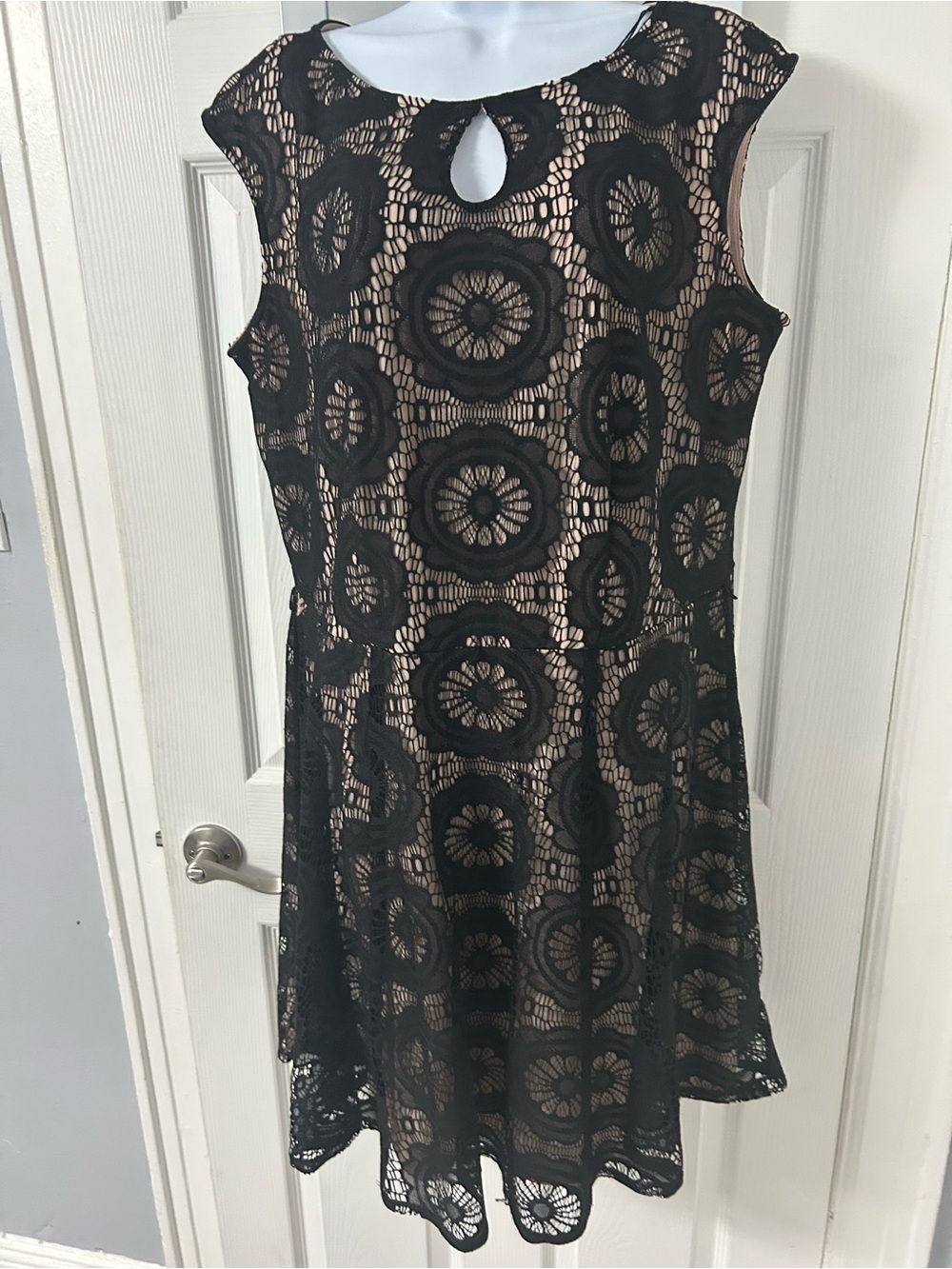 London Style Black Lace Overlay Dress with Nude Underlay